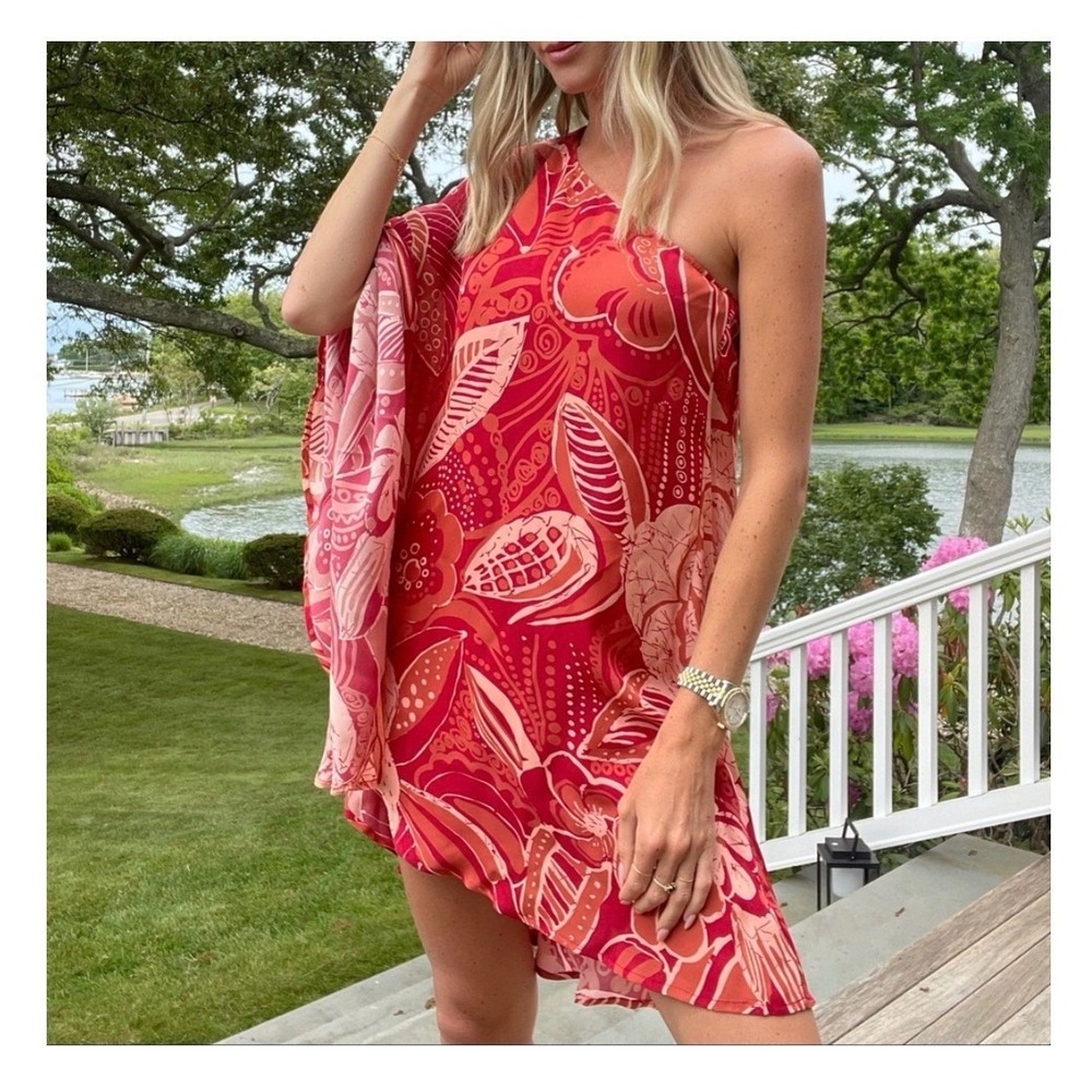 NEW Flora Bea NYC Flowy Red Floral One Shoulder Mini Dress Size Small Party Chic